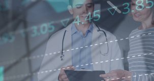 Animation of data processing over caucasian male doctor and female patient. Global medicine, healthcare and data processing concept digitally generated video.