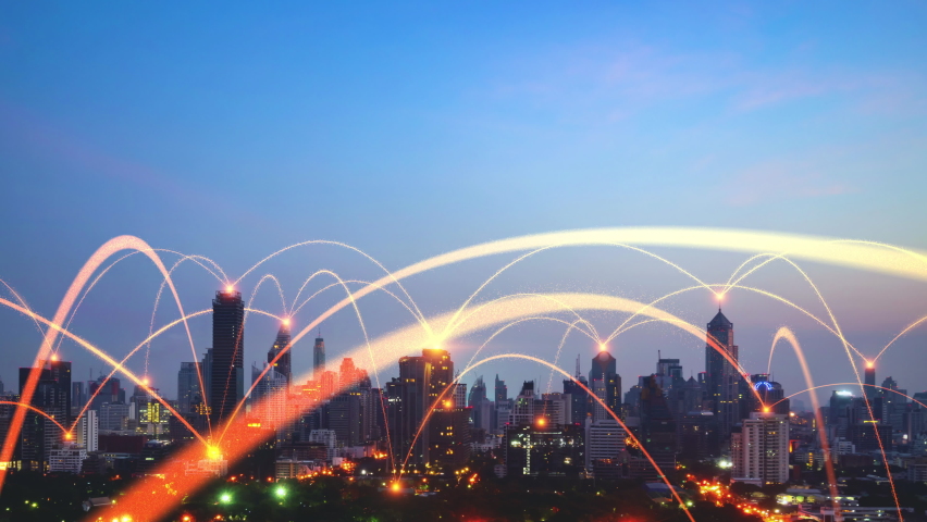 Smart digital city with connection network reciprocity over the cityscape . Concept of future smart wireless digital city and social media networking systems that connects people within the city . | Shutterstock HD Video #1094748109