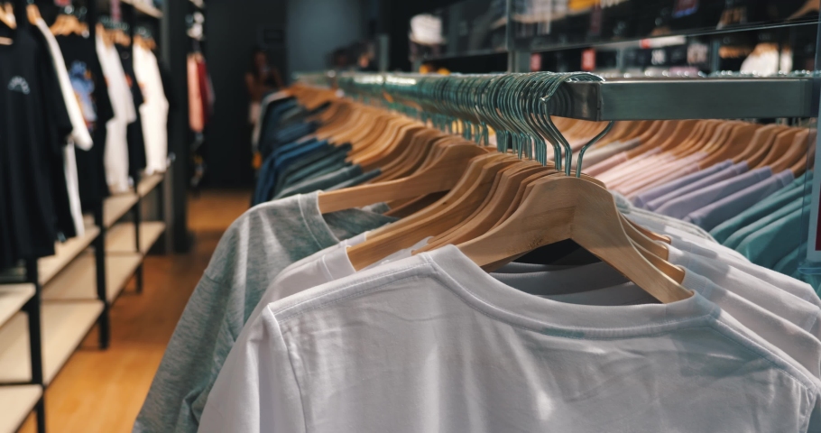 Steadicam shot: Assortment of sports t-shirts and activewear hanging on hangers for sale in trendy clothing store. Discount center. Sale promotion and shopping concept. Clothing Shop. Fashion store | Shutterstock HD Video #1094752835