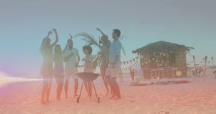 Animation of light spots over group of happy diverse friends drinking beer and having bbq at beach. bbq day and celebration concept digitally generated video.