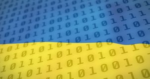 Animation of binary code over flag of ukraine. ukraine crisis and international politics concept digitally generated video.