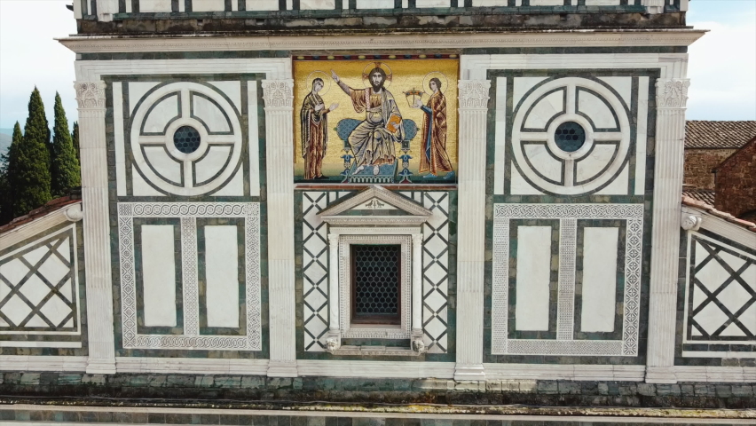 Church of San Miniato in Florence, Toscana, Italy. Aerial view . High quality 4k footage