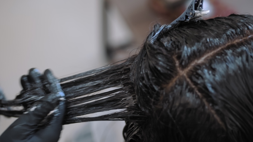 hair dyeing. hair dye. close-up. Colorist master applies hair dye with a brush to female brunette hair roots at salon or hairdresser's. Royalty-Free Stock Footage #1094766545