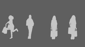 Animation of silhouettes of women shopping and loading bar on gray background. global business, finances, connections and digital interface concept digitally generated video.