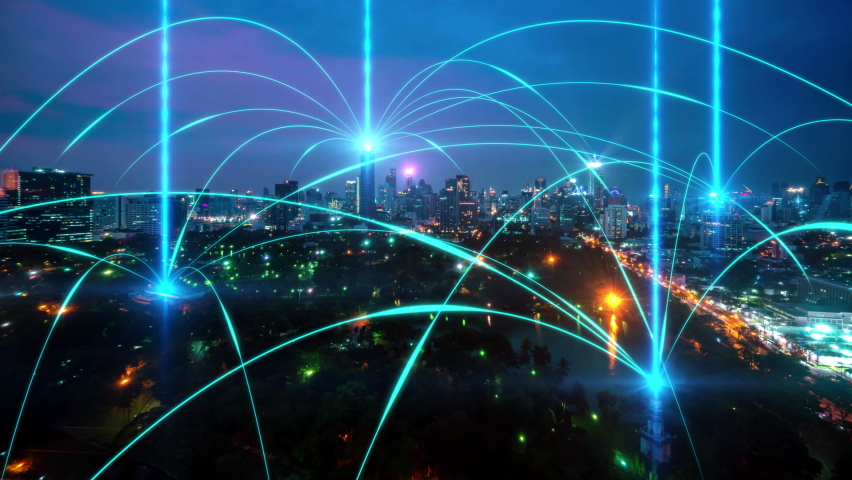 Smart digital city with connection network reciprocity over the cityscape . Concept of future smart wireless digital city and social media networking systems that connects people within the city . | Shutterstock HD Video #1094780541
