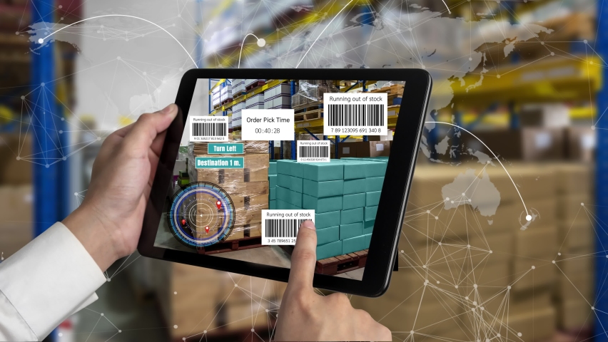 Augmented reality technology system in deft smart warehouse identify package picking and delivery . Future concept of supply chain and logistic business .