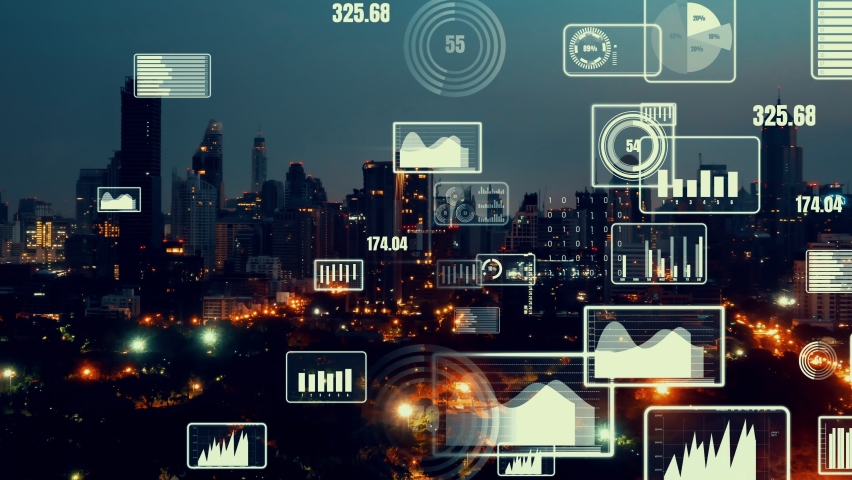 Business data analytic interface fly over smart city showing alteration future of business intelligence. Computer software and artificial intelligence are used to analyze big data for strategic plan . | Shutterstock HD Video #1094780605