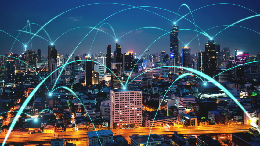 Smart digital city with connection network reciprocity over the cityscape . Concept of future smart wireless digital city and social media networking systems that connects people within the city . | Shutterstock HD Video #1094780667