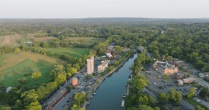Aerial video of Village of Pittsford, NY, Erie Canal, Schoen Place, near Rochester, New York.