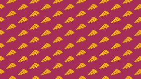 pizza slices pattern on an crimson background. Seamless loop food animation with simple stylish repeated elements