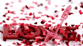 Animation of mascara icon over love text and hearts falling. Abstract background and digital interface concept digitally generated video. - Powered by Shutterstock - Get 15% off with code: PIKWIZARD15