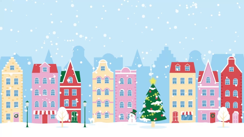 Christmas animated background with falling snow, a driving car, trees and houses
