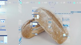 Animation of graphs, charts with data processing on digital interface against bread loafs on table. Digital composite, multiple exposure, technology, small business, food industry, bakery. - Powered by Shutterstock - Get 15% off with code: PIKWIZARD15