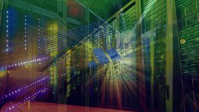 Animation of cube rotating with light beams, graphs, chart on digital interface in server room. Digital composite, communication, business, futuristic, technology, finance, economy. - Powered by Shutterstock - Get 15% off with code: PIKWIZARD15