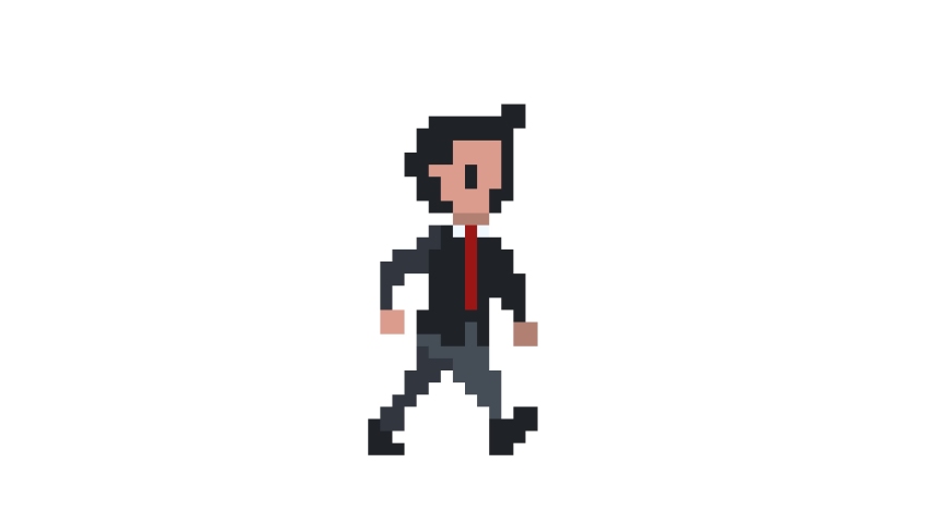 Pixel art walk cycle animation of male businessman character.