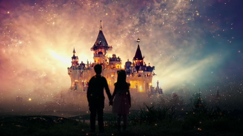 Two Children Holding Hands Standing in Front of Fairy Tale Castle in the Sky Clouds Chilldhood Innocence Imaginarion Concept Royalty-Free Stock Footage #1094792753