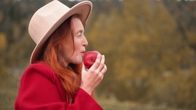 Redhead woman in red and autumn Thanksgiving still life with plaid, pumpkins and apples. A girl in orange rests in nature with a dog. Autumn weekend idea, bachelorette party, date night, harvest day. - Powered by Shutterstock - Get 15% off with code: PIKWIZARD15