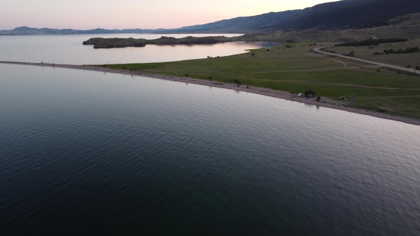 Summer morning aerial landscape of Lake Baikal is a rift lake located in southern Siberia, Russia Baikal lake summer landscape view. Drone