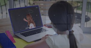 Animation of round scanner and microprocessor connections against girl having a video call on laptop. School and education technology concept