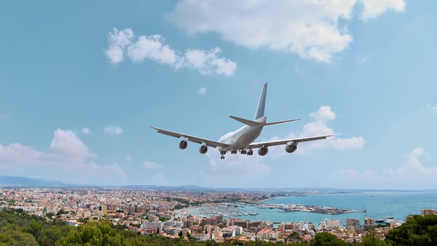 Airliner Flying and Landing Palma de Mallorca Spain. Airplane concept