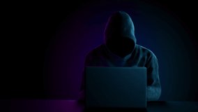 Anonymous Man in Hoodie Works on Laptop Dark Light Looped 3d Animation. Abstract Hacker Typing Code, Hack Account Password. Cybercrime and Internet Security System Technology Concept 4k UHD 3840x2160. - Powered by Shutterstock - Get 15% off with code: PIKWIZARD15