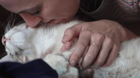 Girl cuddles little kitten. Maine Coon kitten is kissed and gently stroked by the owner. Close up of young woman feeling love for her pet. Love for animals and sweetness. Slow motion 4k video.