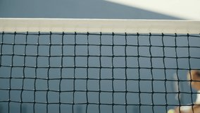 Tennis ball hit the net during tennis match. 4k slow-mo tennis club concept video.