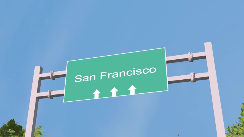 Landing shot of the plane's arrival at  San Francisco  airport with the sky and the arrival sign