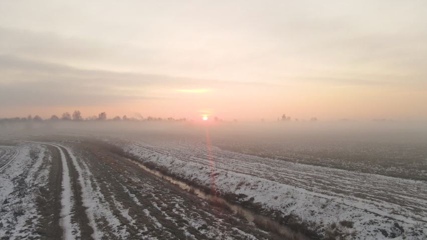 Sunrise, early morning, winter, frost, sun, aerial view