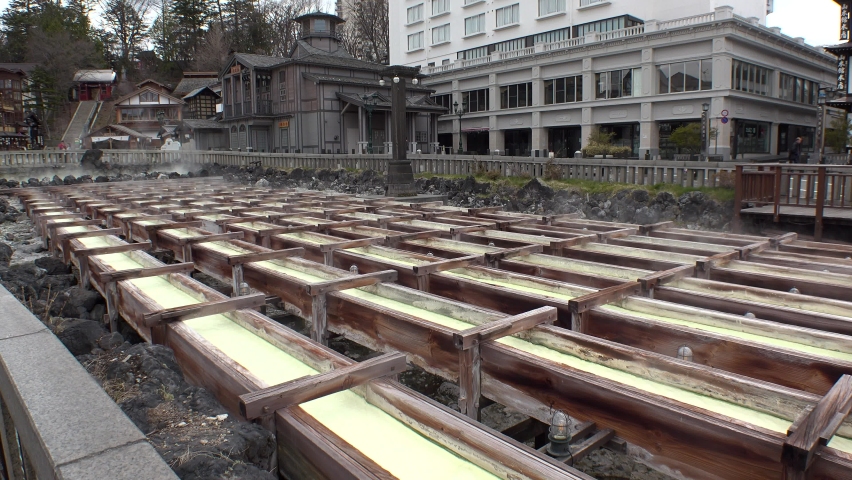 KUSATSU CITY, GUNMA, JAPAN - APR 2020 : Scenery of KUSATSU ONSEN town in daytime. Japan