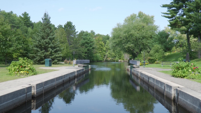 Boat locks looking upstream at Brunel locks in Huntsville, Ontario.