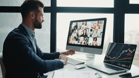 Online video conference. Successful business man, company boss, stock investor, conducts financial brainstorm with group of multiracial partners by video call, discuss investments in the stock market