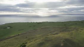 Drone aerial footage of Cape Wickham Lighthouse early in the morning on a cloudy day on the northern part of King Island in Tasmania