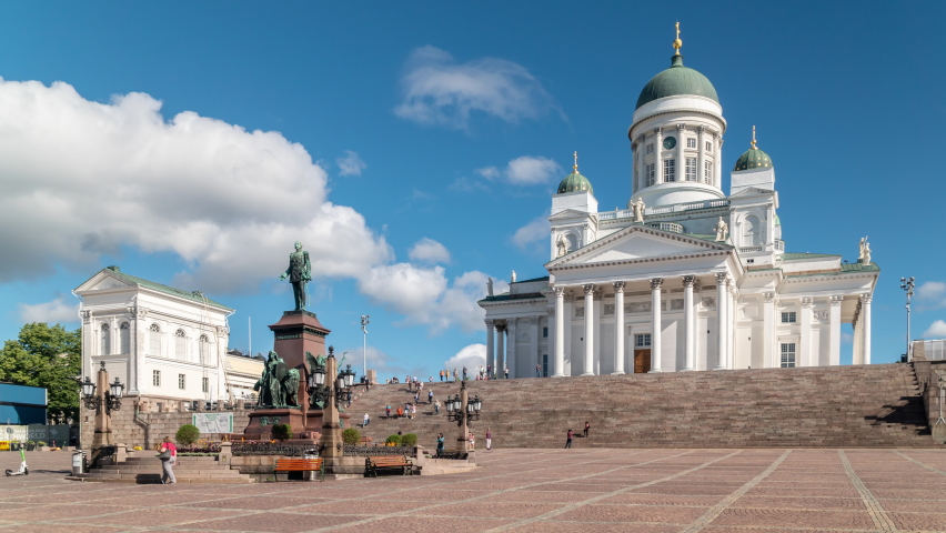 HELSINKI, FINLAND - CIRCA JULY 2022: Helsinki Cathedral and statue of Emperor Alexander II on Senate square, the central square of Helsinki. Time lapse video.