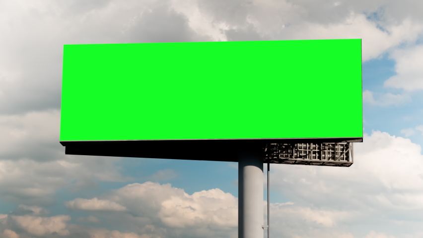 Timelapse: wide blank green billboard or large display and moving white clouds against blue sky. Green screen, consumerism, time lapse, advertising, template, mock up, copyspace and chroma key concept Royalty-Free Stock Footage #1094818479