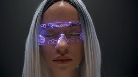 VR glasses girl open eyes closeup. Futuristic woman using smart goggles interacting invisible screen. Millennial specialist face in transparent spectacles enjoying future reality. High tech concept 