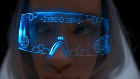 Future reality girl enjoying digital glasses closeup. Nano technologies industry specialist checking inspecting metaverse project. 3D goggles woman looking invisible screen alone dark atmosphere