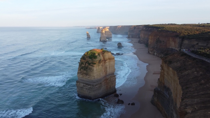 4K Drone video. Aerial shot of Twelve Apostles in the early morning. Sunrise. Great Ocean Road in Australia