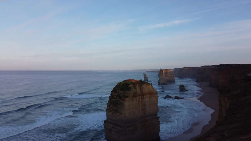 4K Drone video. Aerial shot of Twelve Apostles in the early morning. Sunrise. Great Ocean Road in Australia