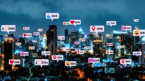 Social media icons fly over city downtown showing people reciprocity connection through social network application platform . Concept for online community and social media marketing strategy . - Powered by Shutterstock - Get 15% off with code: PIKWIZARD15