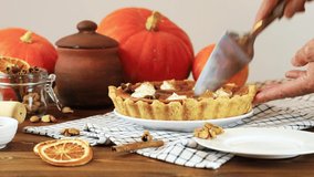 A piece of pumpkin pie is laid out on a plate - Powered by Shutterstock - Get 15% off with code: PIKWIZARD15