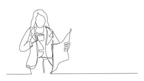 Animated self drawing of one continuous line draw young female marketing manager in casual reading newspaper while holding a cup of coffee drink. Drinking tea concept full length single line animation - Powered by Shutterstock - Get 15% off with code: PIKWIZARD15