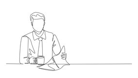 Animation of one line drawing of happy attractive worker holding coffee mug while reading a newspaper at office. Drinking coffee or tea concept continuous line self draw animated. Full length motion. - Powered by Shutterstock - Get 15% off with code: PIKWIZARD15