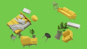 pastel sofa surrounding by coffee table armchair bed and plant pot Furniture that is floating and spinning on a green screen background for customization minimal concept 3d rendering looped animation