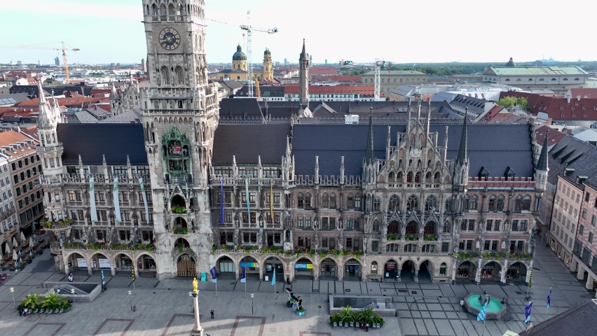 Aerial view on the historical town hall on the main square Marienplatz in the center of the city in Munich, Germany, real time