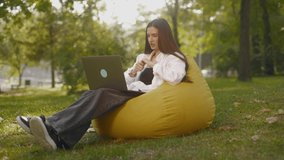 Young woman sit in park on beanbag communicating by video call. Girl speaking looking at laptop computer, online conference distance office chat, virtual training concept IT specialist working outdoor