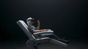 Creative man hands vr headset typing zoom on. Futuristic goggles blonde guy playing arms digital internet 3d universe slow motion. Next generation immersive social media online metaverse platform 