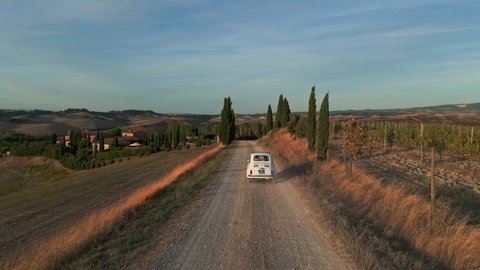 Drone shot of a little Italian vehicle driving a countryside road with trees. Florence, Tuscany, Italy. Stock Video