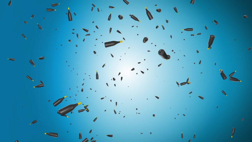 Seamlessly loop animation of realistic empty metal Wine bottles endlessly falling loop background. Bottle cork, celebration . Holiday celebration and alcoholic theme. holiday. 3D Illustration