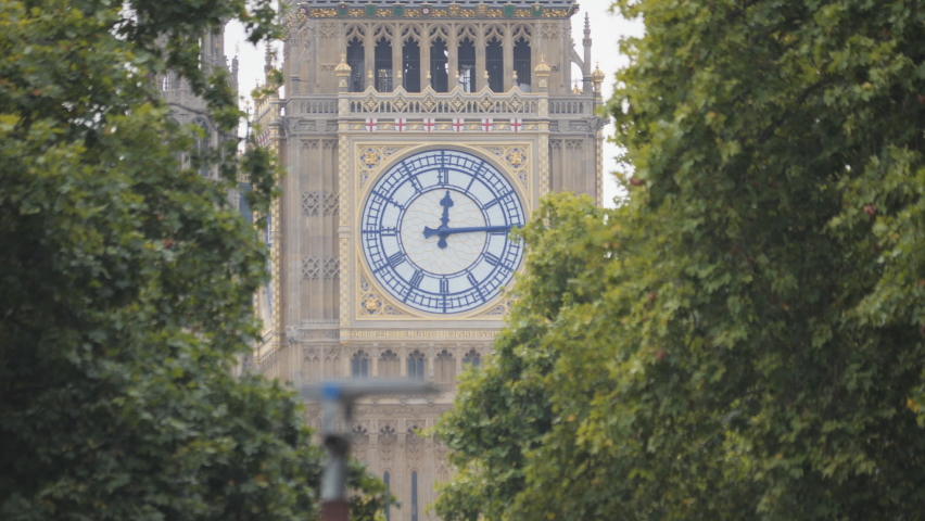 A view of the Big Ben surrounded by greenery.